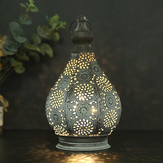 JHY DESIGN Moroccan Style Vintage Lantern Metal Table Lamp Battery Powered 11.5" Tall Cordless Lamp Desk Lamp with Edison Bulb for Living Room Bedroom Weddings Parties Garden Lounge Outdoor Indoor
