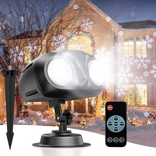 Double Head Christmas Snowflake Projector Light Outdoor, Outside Christmas Decorations Lights with Remote Control, Suitable for Indoor Garden Patio (L)