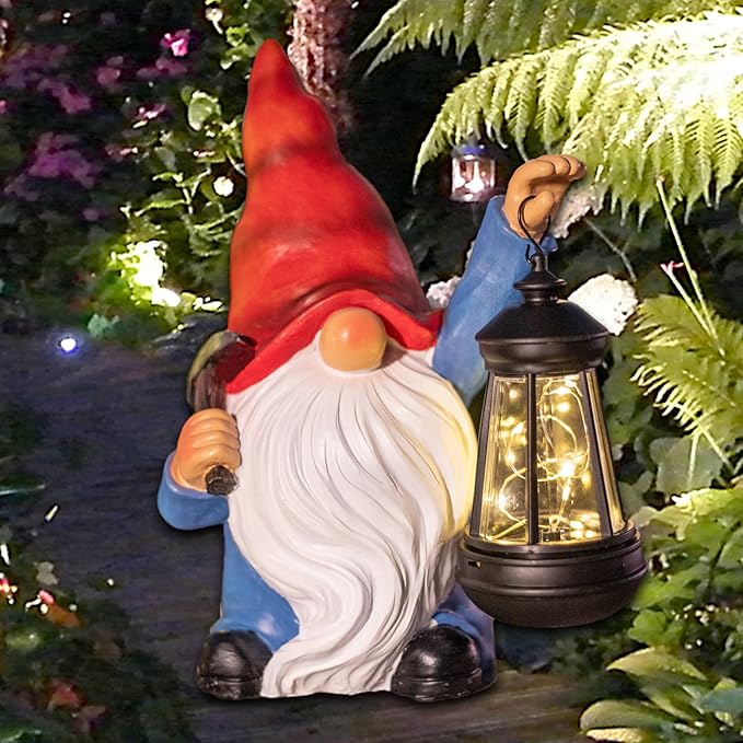 Garden Gnome Statue Solar Light Outdoor Decorations Figurine with Lantern Led Shovel Sculpture Lawn Patio Yard Porch Outside Christmas Housewarming Gifts for Women Mom Grandma