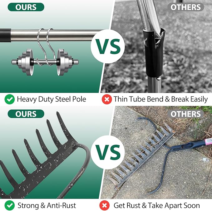 Garden Rake, 6 FT Bow Rakes for Lawns Heavy Duty, Yard Metal Rake with Adjustable Long Handle, 14 Tines Head, Gardening Tool for Loosen Soil, Gather Leaves, Level Mulch, Remove Debris