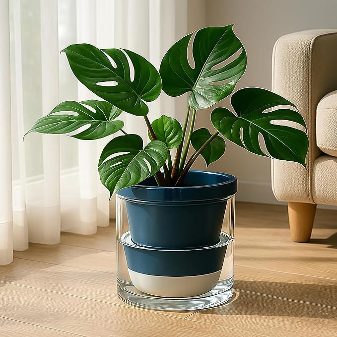 D'vine Dev 10 Inch Design Self Watering Planter for Indoor Plants, Blue Terracotta Pot with Cylinder Glass Cup, 37-X-D-4