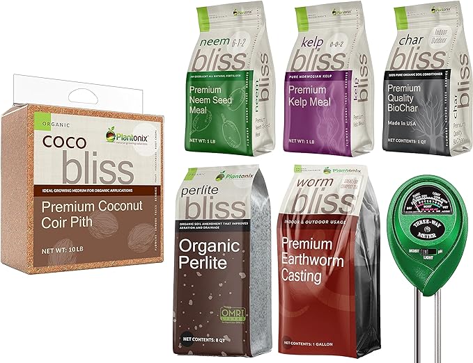 Coco Bliss Coco Coir + Organic Perlite + Worm Castings + Neem Meal Fertilizer + Kelp Meal Fertilizer + Organic Biochar for Plants - Potting Soil & Fertilizer Mix for Plants - Organic Gardening Bundle