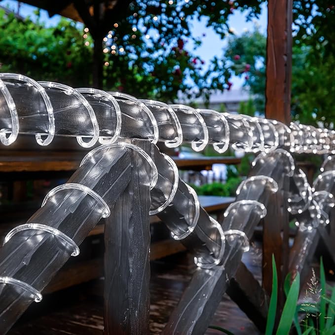 Solar Rope Lights, 2 Packs 66ft 200LED Solar String Lights, 8 Modes Waterproof Solar Powered Outdoor Lights, Flexible Clear Tube Light for Garden, Backyard, Patio, Deck, Porch, Pool,Tree Decor -White