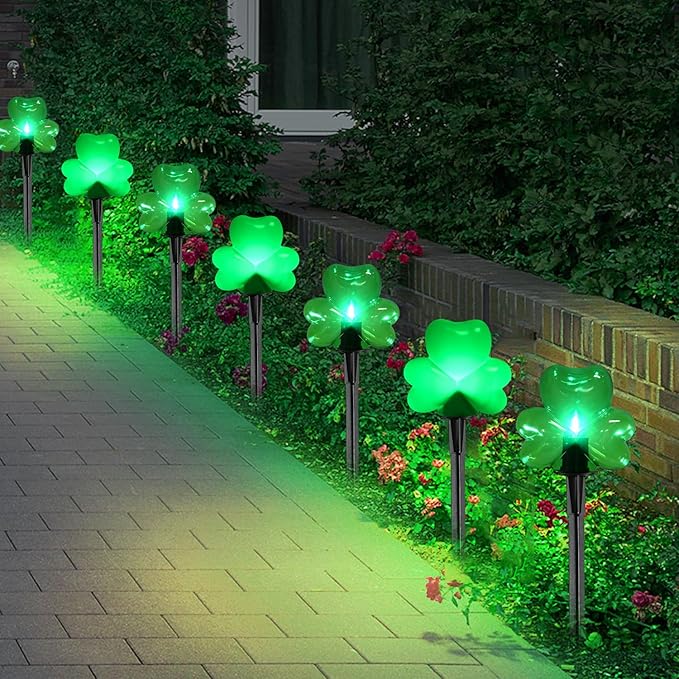 2*4 Pack LED St. Patricks Shamrock Pathway Lights for St. Patricks Day Decorations, Green Lucky Clover Pathway Stake Lights Outdoor Waterproof, UL Certified for Lawn Yard Walkway Irish Decor, Plug In