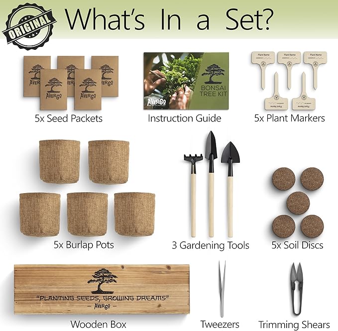 Bonsai Tree Kit – 5X Unique Japanese Bonzai Trees | Complete Indoor Bonsai Starter Kit for Growing Bonsai Plants with Tools & Planters – Gardening Gifts for Women & Men