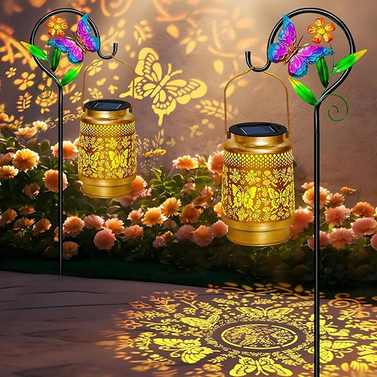 2 Pack Solar Lanterns Outdoor Waterproof,Butterfly Solar Lights Garden Decor Gifts for Mom Women Grandma Decoration Outside for Yard, Patio,Backyard,Porch