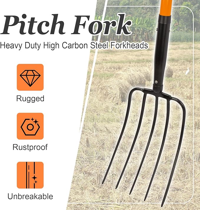 5 Tine Pitchfork for Gardening, Heavy Duty Pitchfork with Fiberglass Handle, Garden Fork for Mulching, 58 Inches