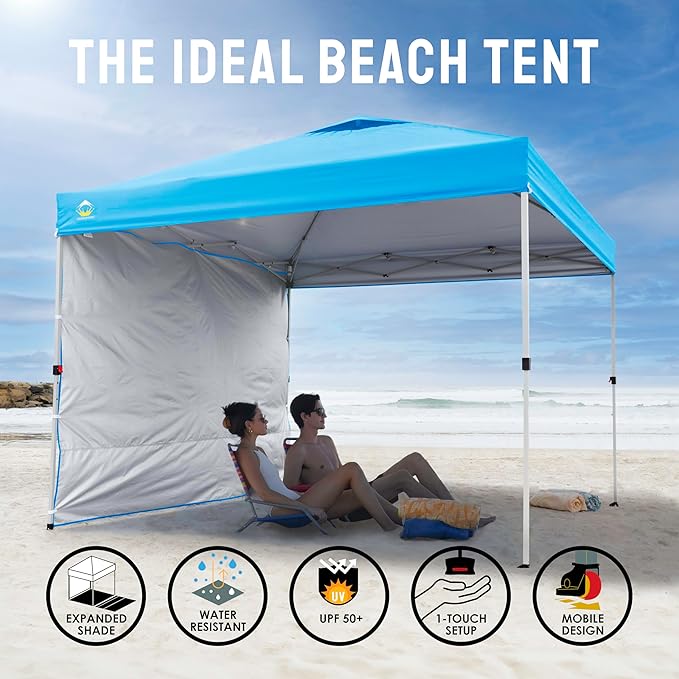CROWN SHADES 10x10 Pop Up Canopy with 1 Side Wall - Beach Tent with One Push Setup - Outdoor Sun Shade for Events, Parties, Camping - Gazebo with STO-N-Go Cover Bag (Sky Blue)