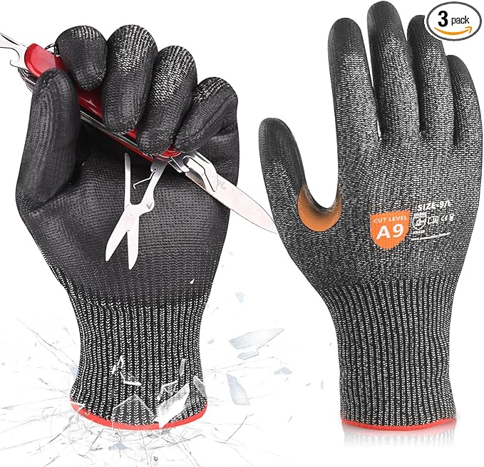 Donfri 3 Pairs A9 Cut Resistant Work Gloves for Men - Steel + HPPE Hybrid Safety Gloves for Men, ANSI Cut Level 9 Protection Flexible for Metal Glass Wood Construction Fishing