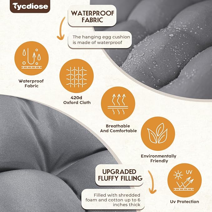 Egg Chair Cushion Replacement, Waterproof Outdoor Hanging Egg Swing Chair Cushions Pads, U-Shaped Thickened Cushions for Hanging Eggs Chair with Ties, 47x33x7 Inches (Grey)