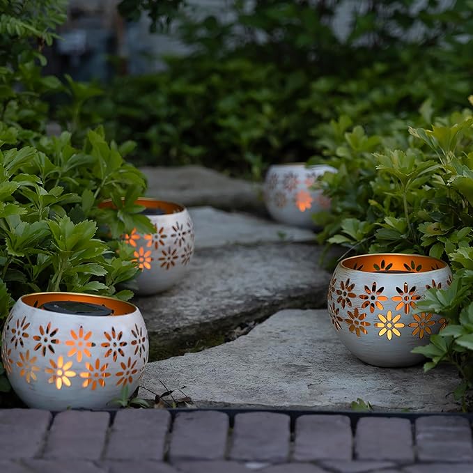 5.4” 4-Pack Decorative Metal Solar Patio Light with Flickering Flame, Waterproof Dusk-to-Dawn Garden Lantern, White