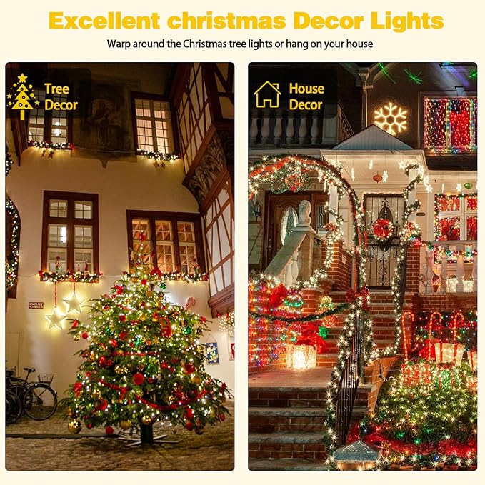 4-Pack Total 800 LED Solar String Lights for Outside, Solar Christmas Lights Outdoor Waterproof, Green Wire Solar Tree Lights with 8 Lighting Modes for Xmas Wedding Party Garden Decoration(Warm White)