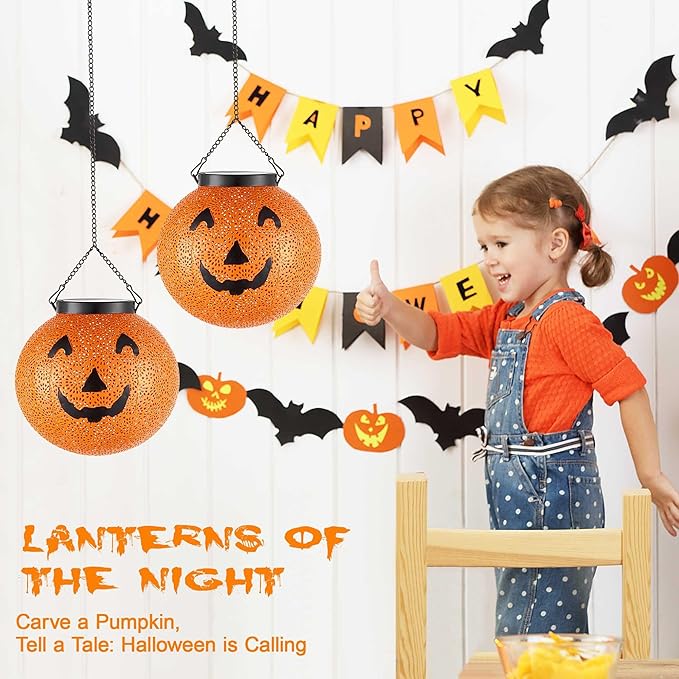 Halloween Solar Lantern Hanging Pumpkin Lights Outdoor Decoration - Solar Powered Lantern Lights Waterproof LED Decorative Lights for Porch Backyard Garden Tree Indoor Orange Halloween Lights Decor