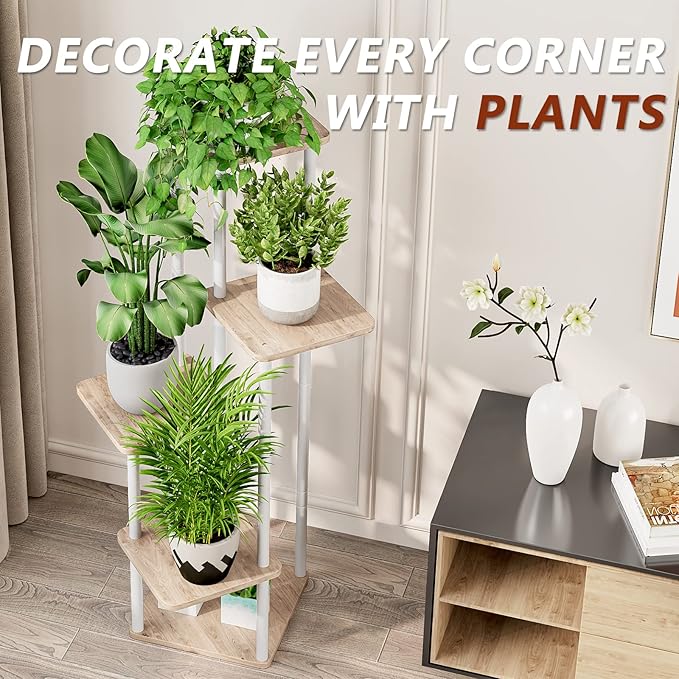 AZERPIAN Plant Stand 5 Tier Indoor Metal Flower Shelf for Multiple Plants Corner Tall Flower Holders for Patio Garden Living Room Balcony Bedroom, Black (5 Tier-White)