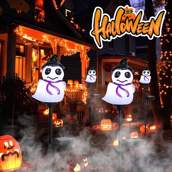 Afirst Halloween Ghosts Pathway Solar Lights Handblown Glass Waterproof Outdoor Halloween Decoration Solar LED Outdoor Décor Front Porch Decor 2 Pack