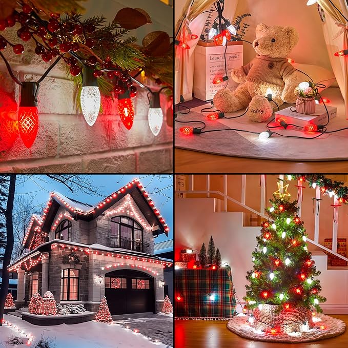 C9 LED Christmas Lights Outdoor with Stakes, 25.7 Feet 20 LED C9 Strawberry String Lights, Connectable Shatterproof Pathway Lights Marker for Path, Lane, Patio, Xmas Holiday Decorations, Red and White