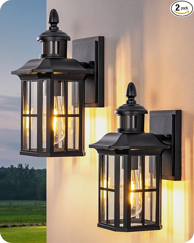 EDISHINE 2 Pack Motion Sensor Outdoor Wall Lights, Dusk to Dawn Exterior Lighting Fixture, Modern Porch Light Wall Mount, Clear Water Glass, Anti-Rust Aluminum for Front Door Garage, Patio, Black