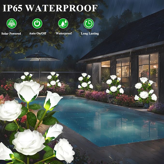 DWH 1 Pack Solar Garden Lights Outdoor, 7-Flower Rose Solar Lights for Yard, LED Solar Powered Stake Lights for Patio Pathway Lawn Fence Cemetery, White