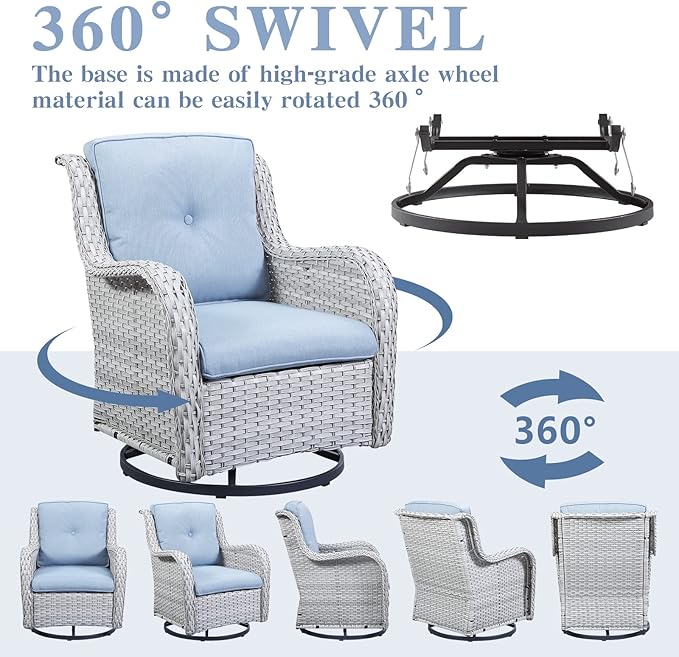 Outdoor Swivel Rcoker Patio Chairs - Outdoor Swivel Patio Chairs Set of 2 Wicker Chair Patio Furniture Sets with Covered Cushion for Porch Deck Balcony Garden, Baby Blue