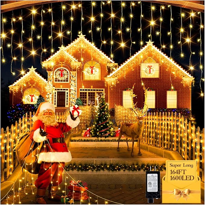 1600 LED 164FT Outdoor Christmas Lights Plug in 8 Modes with Timer Dimmable Christmas Decorations Waterproof Indoor Curtain String Lights for Roof Porch Garden Holiday Wedding Party Decor Warm White