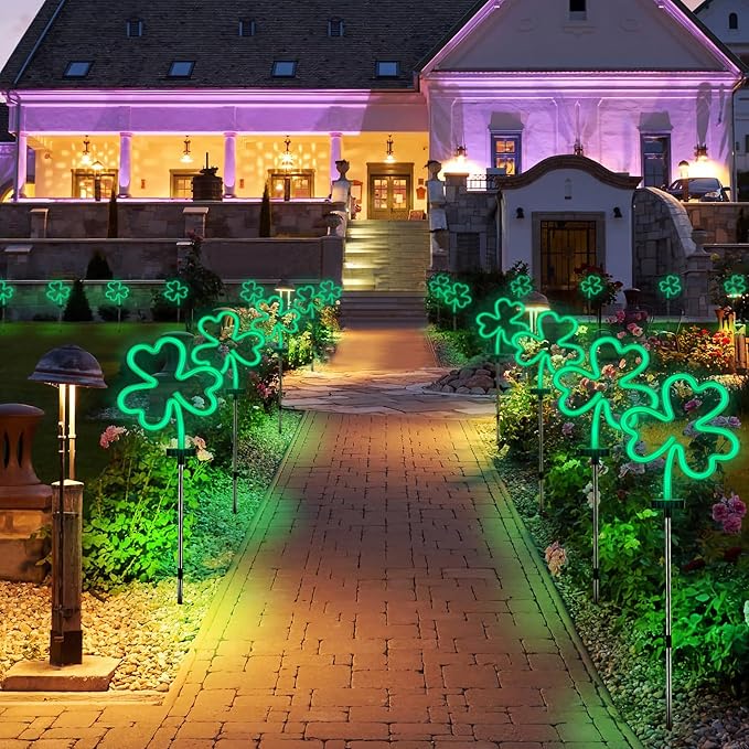 BlcTec St Patricks Day Decorations Outdoor, 4PCS Shamrock Neon Lights with Stainless Steel Stakes, Waterproof Irish Green Shamrock Pathway Lights for Yard Lawn Garden Porch Decor, Plug in