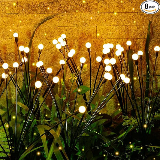 8Pack 64 LED Spring Solar Swaying Lights Outdoor Solar Powered Firefly Lights Garden Decor Waterproof Pathway Light Sway by Wind Landscape Lights Warm Yellow for Pathway Lawn Patio Courtyard Decor