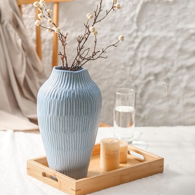 Ceramic Vase for Home Decor,11.6 Inch Flower Vases，Decorative Blue Vase for Pampas Grass，Modern Art Texture Vases for Home Entryway Living Room Dining Table Farmhouse Office Decor-Mat Blue