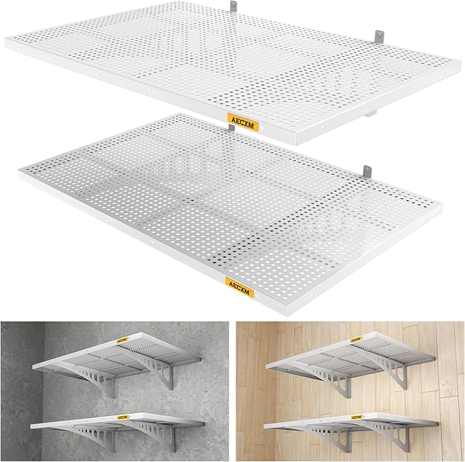 2-Pack 2x3ft Adjustable Garage Wall Shelving 560lbs Load Capacity Heavy Duty Wall Mounted Storage Shelf Metal Floating Shelves for Garage(White)