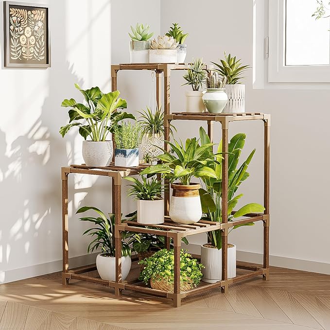 Bamworld Corner Plant Stand Indoor Outdoor Plant Shelf Small Plant Table for Multiple Plants Wooden Plant Holder for Garden Patio Lawn Window Plants Gift