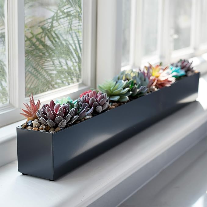 DR&Co Modern Grey Rectangle Planter Box, 16" Metal Planter Perfect for Succulent, Narrow Box for Table or Window Sill, Rectangular Stainless Steel Long