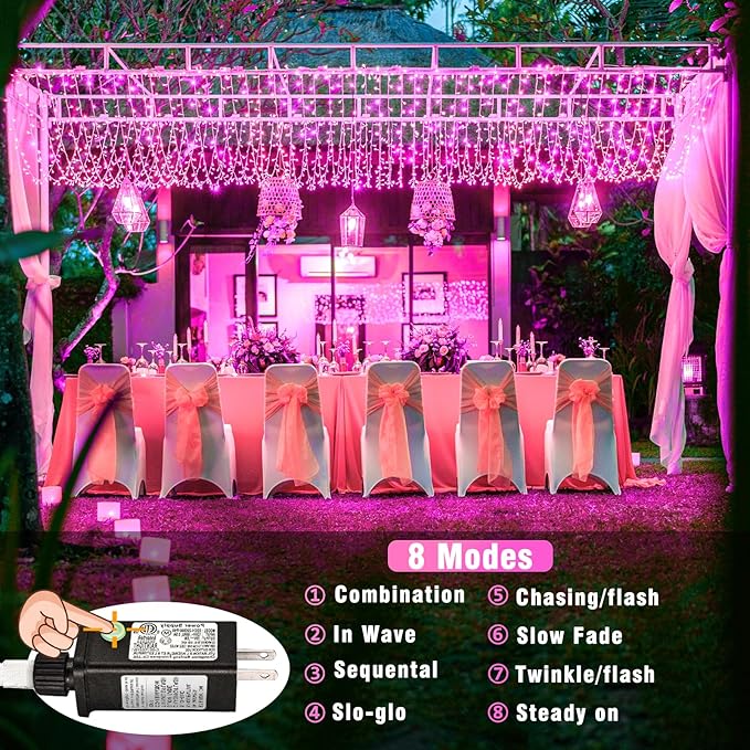300 LED Pink String Lights, 99ft Pink Christmas Lights Outdoor 8 Modes Clear Wire, Plug in Waterproof Twinkle Fairy Lights for Bedroom Indoor Wedding Christmas Party Decorations