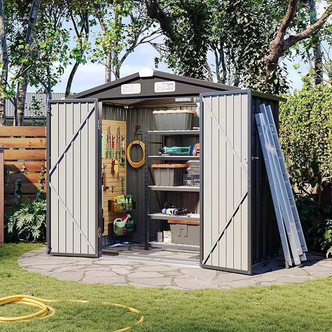 Aoxun 6'x4' Outdoor Storage Shed with Base Galvanized Steel Metal Garden Shed for Patio, Lawn & Garden Black, 6' x 4'W/Base