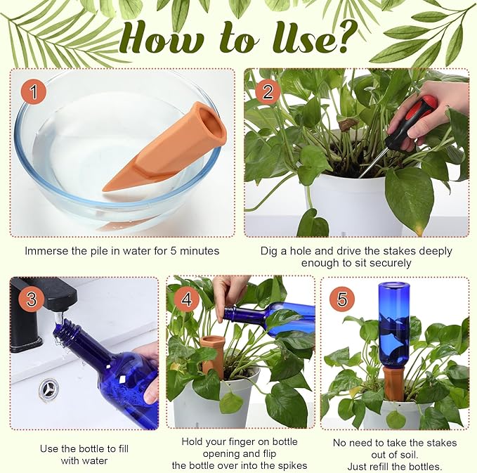 12 Pack Plant Watering Devices Include 6 Terracotta Self Watering Spikes and 6 Pcs 26 oz Plastic Bottles, Slow Release Vacation Insert Automatic Plant Waterer Device (Blue)