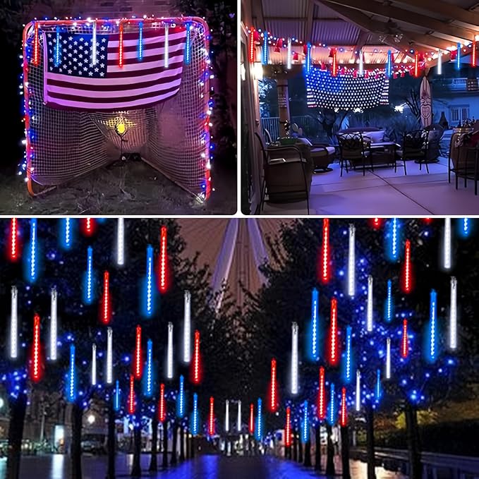 4th of July Decorations Outdoor, Red White and Blue Solar Meteor Shower Lights, 18 Tubes 432 LEDs 4th of July Lights Waterproof, Patriotic Lights String for Independence National Memorial Day Decor