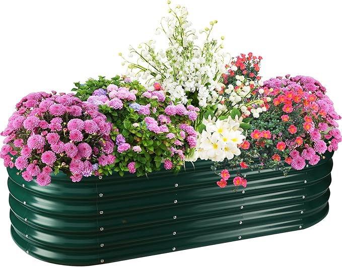 17" Tall Elevated Oval Metal Raised Garden Bed - 5ft x 2ft in Size and 0.8MM Thick Durable Planter Bed/Box for Vegetables Flowers Succulent at Patio/Garden Outdoor (Dark Green, 5X2X1.4 FT)