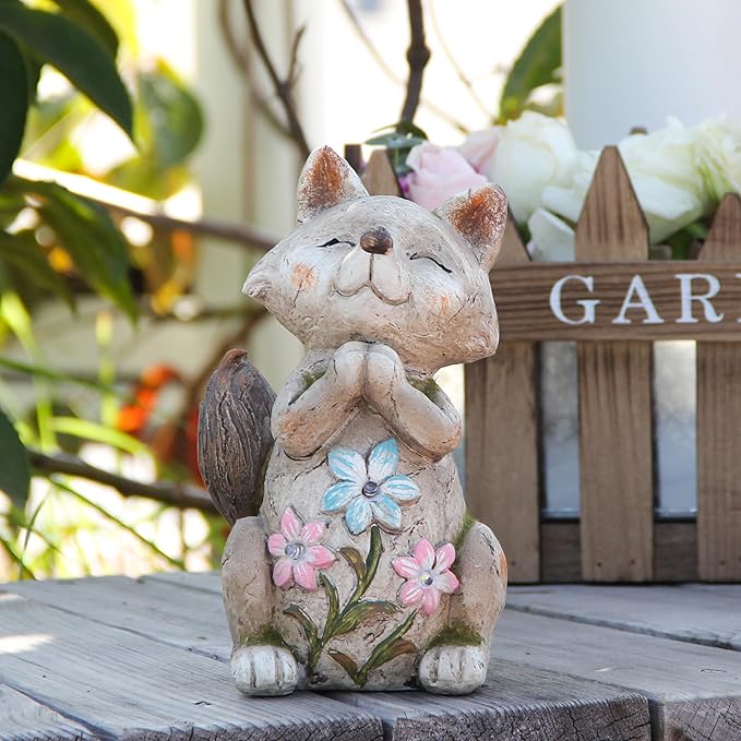 Fox Statue for Garden Decor,Garden Statue with Solar Power Light for Outdoor Patio Porch Lawn Yard Backyard oudside Indoor Shelf Decoration,Praying Fox Garden Sculptures & Statues