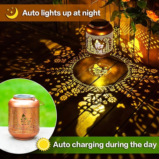 2 Pack Gnomes Solar Lanterns Outdoor Waterproof Hanging Solar Lights Gnomes Gifts for Women Men Mom Metal Decorative LED Outdoor Lanterns for Patio, Lawn, Landscape, Garden Decor, Yard Decorations