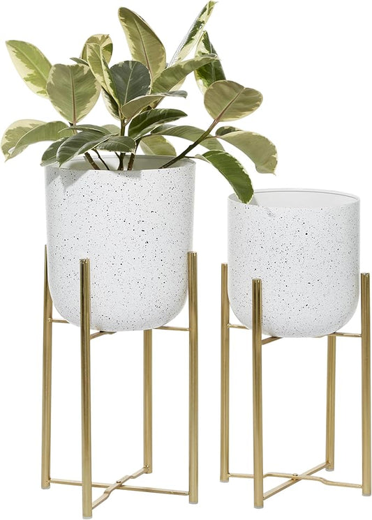 Deco 79 Metal Indoor Outdoor Planter Deep Dome Speckled Large Planter Pot with Gold Stands, Set of 2 Planters 22", 19"H, White