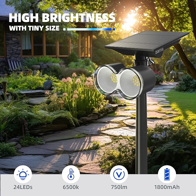 Barrina Solar Spot Lights Outdoor, 360° Horizontal Adjustable, 24 LEDs Solar Spotlights Outdoor Waterproof, 6500K 3 Modes, Solar Powered Garden Lights for Outside Landscape Yard, Auto On/Off, 4 Pack