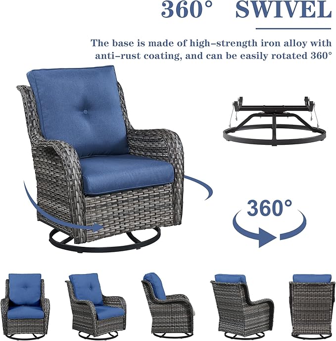 Outdoor Furniture Sectional Sofa L Shaped Couch - Patio Wicker Set with 2 Swivel Glider Chairs, 5 Piece Rattan Patio Conversation Sets with Blue Cushion for Deck Backyard Sunroom