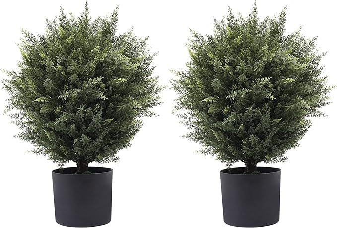21” Artificial Cedar Outdoor Artificial Shrub Sunlight Resistant Leafy Potted Plant for Indoor Porch of Home and Office Artificial Outdoor Tree 2 Pieces a Set Topiary Trees