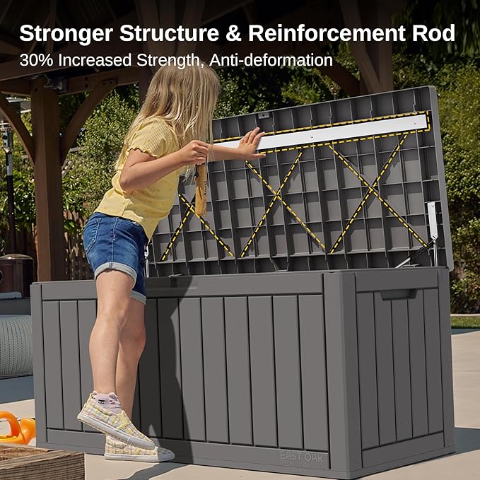 EAST OAK Outdoor Storage Box, 90 Gallon Deck Box, Waterproof Resin Storage Bin for Patio Cushions, Gardening Tools, Lockable, UV Resistant, Grey