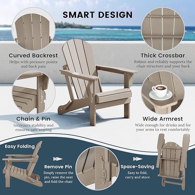 Westin Outdoors Laguna WO Outdoor Adirondack Folding Patio Chairs 8 PCS Set Retro Beach Aesthetic for Backyard, Lawn, Patio, Deck, Garden, Weather Resistant Polyethylene Plastic Lounger (W W)