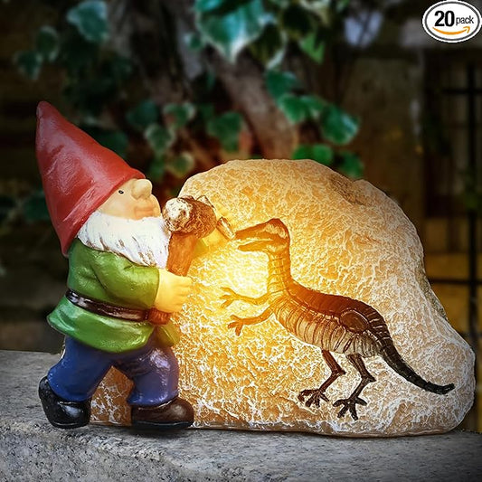 Garden Gnome Statues-Solar Gnomes Statues-Outdoor Gnome Figurine Decor Dinosaur Resin Decoration for Patio Yard Lawn Ornament Gnomes Gift for Woman 5.5 Inches