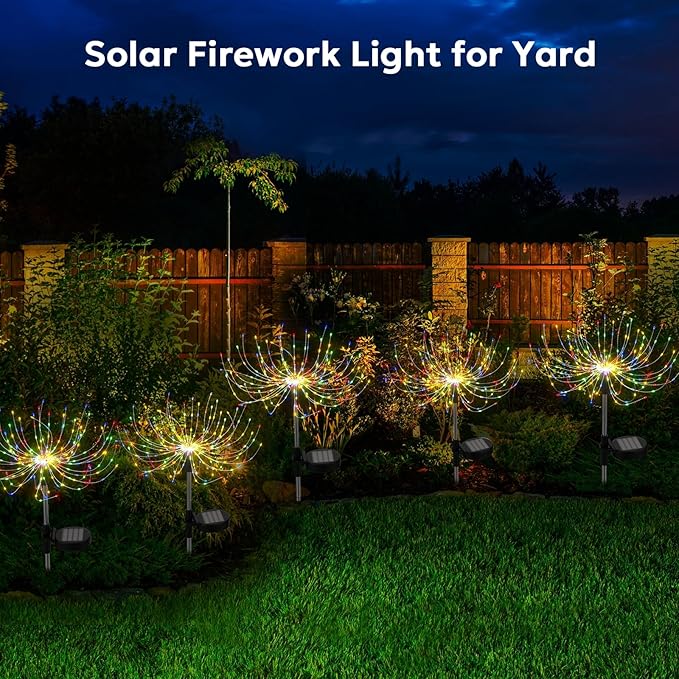 Colorful Solar Garden Lights Outdoor Waterproof Firework Light Solar Powered 200 LED Sparkles Landscape Fairy Light Outside Decorations for Yard Patio Pathway Lawn Party Decor, 6 Pack
