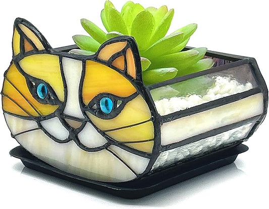 Stained Glass Yellow Cat Flower Pot,Small Succulent Planter for Indoor Plants,Cat Plant Decoration for Windowsill 4.33x3.54x2.95 in（Excluding Plants）