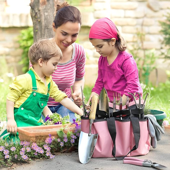 WORKPRO 8-Piece Pink Garden Tool Set, Stainless Steel Gardening Tools with Wood Handle, Including Garden Tote, Gloves, Trowel, Hand Weeder, Cultivator and More, Gardening Gifts For Women - Pink Ribbon