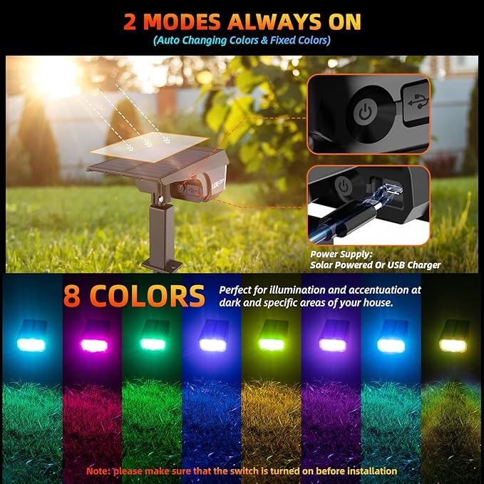 Color Solar Lights Outdoor Waterproof Spotlights with 9 Light Modes, Color Changing Solar Outdoor Lights for Decorate Festivals, Colored Solar Spot Lights Auto On/Off, RGBW Landscape Lights