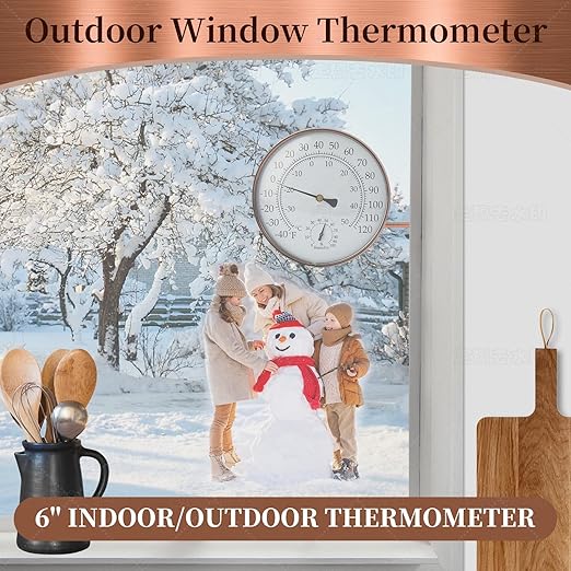 6-Inch Outdoor Thermometer for Patio. Accurate Window Thermometer for Outside Temperature, Greenhouse, Garage.Solid Brass Swivel with Humidity (6inch Thermo&Hygrometer)