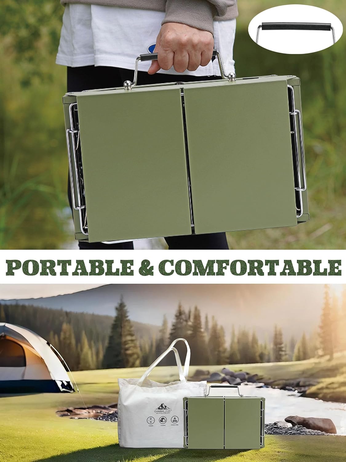 Charmline 14x9inch Small Foldable Portable Charcoal Grill, Compact Portable Grill for Outdoor, Charcoal Grills for Camping, Picnics, Gardens and Beach Parties, Liftable Grilling Net, Green